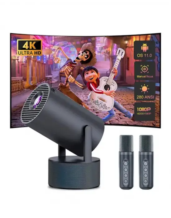 Bluetooth Hoparlörlü Akıllı Projektör Kablosuz Karaoke Mikrofonlu