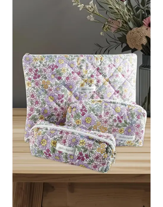 Çiçek Desenli Kalem Makyaj Labtop Bilgisayar Set Çantası
