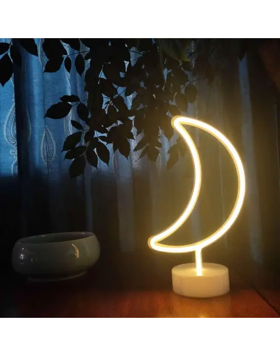 Dekoratif Pilli Ay Tasarımlı 3D Neon Led Masa Ve Gece Lambası
