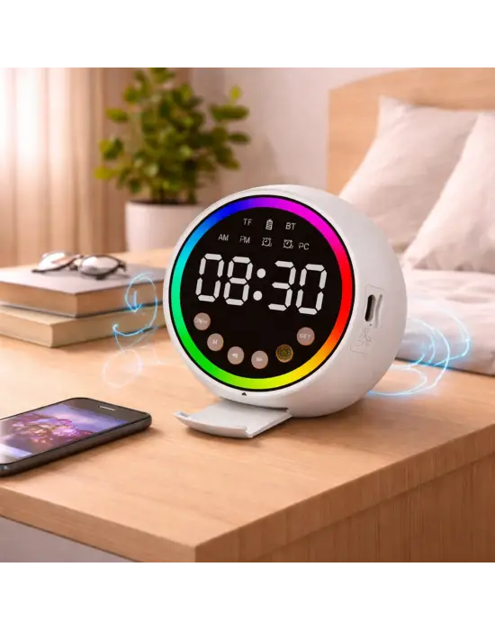 Dijital Saat - Bluetooth Wireless Mini Hoparlör Speaker Usb Şarjlı - Işıklı 5w Pl-4652