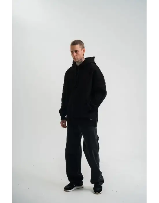 Double Oversize Kapşonlu Nakışlı SweatShirt - Siyah