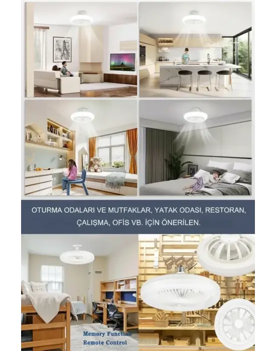 E27 Duylu Kumandalı Tavan Vantilatörlü LED Lamba 3 Hız ve Renk Ayarlı Tavan Pervanesi