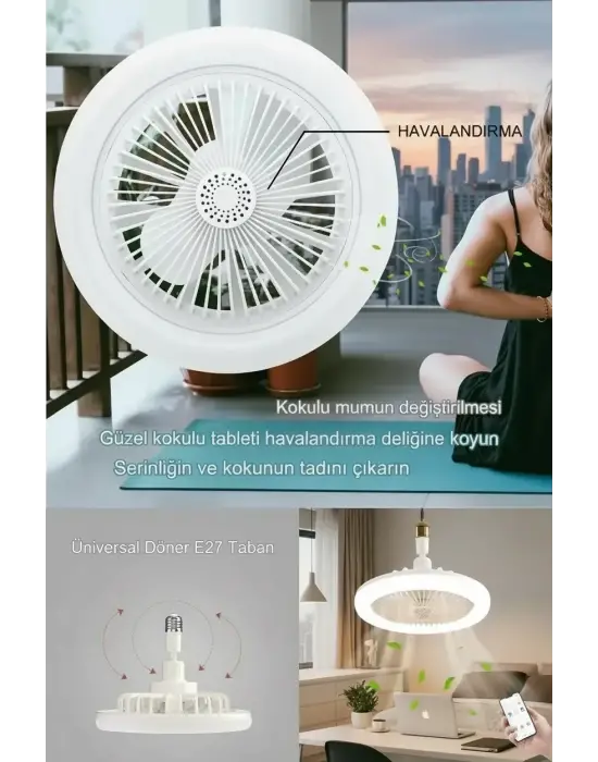 E27 Duylu Kumandalı Tavan Vantilatörlü LED Lamba 3 Hız ve Renk Ayarlı Tavan Pervanesi