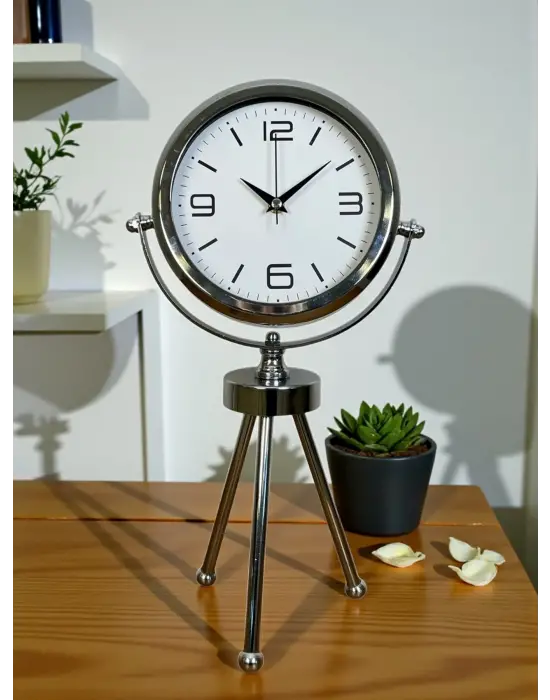 Elegance Krom Tripod Üç Ayaklı Metal Masa Saati