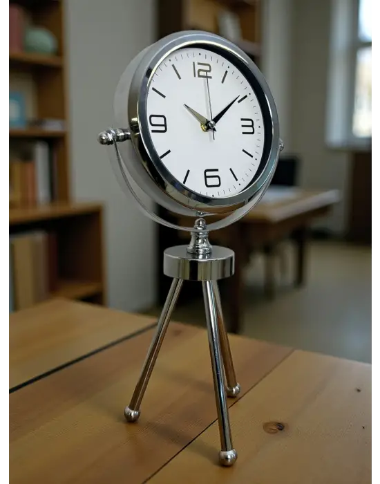 Elegance Krom Tripod Üç Ayaklı Metal Masa Saati