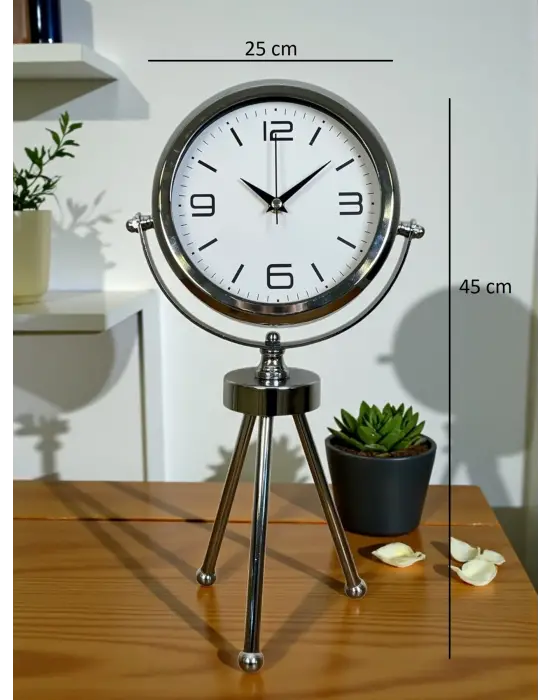 Elegance Krom Tripod Üç Ayaklı Metal Masa Saati