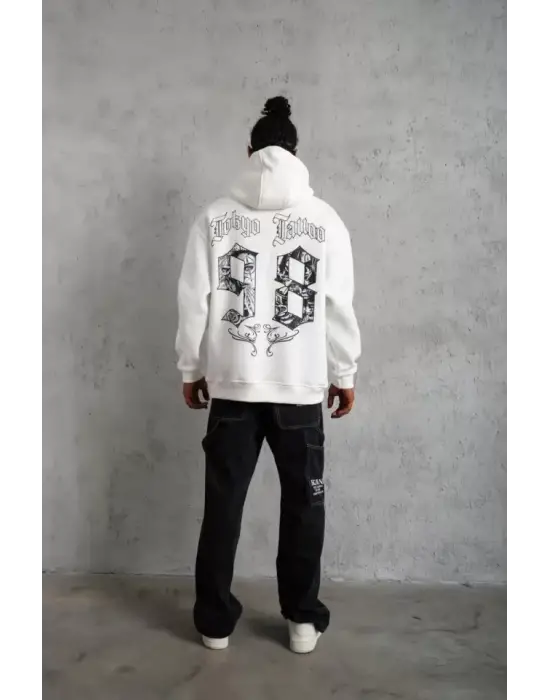Erkek 98 Baskılı Kapşonlu Sweat - Beyaz