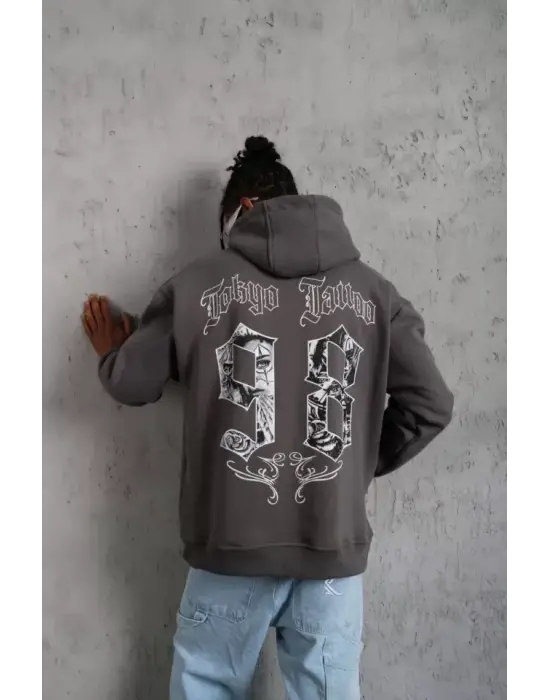 Erkek 98 Baskılı Kapşonlu Sweat - Gri
