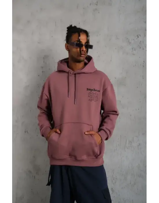 Erkek 98 Baskılı Kapşonlu Sweat - Gül Kurusu