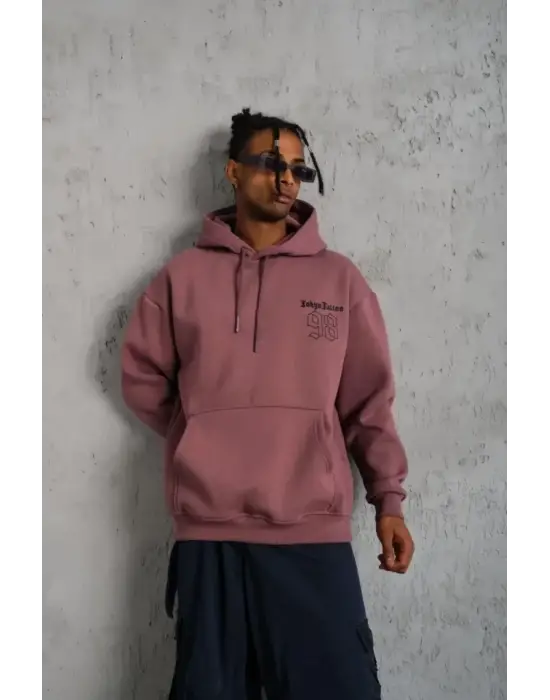 Erkek 98 Baskılı Kapşonlu Sweat - Gül Kurusu