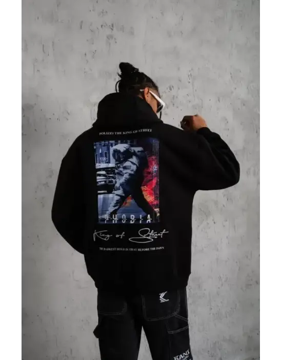 Erkek Astronot Baskılı Kapüşonlu Sweat - Siyah