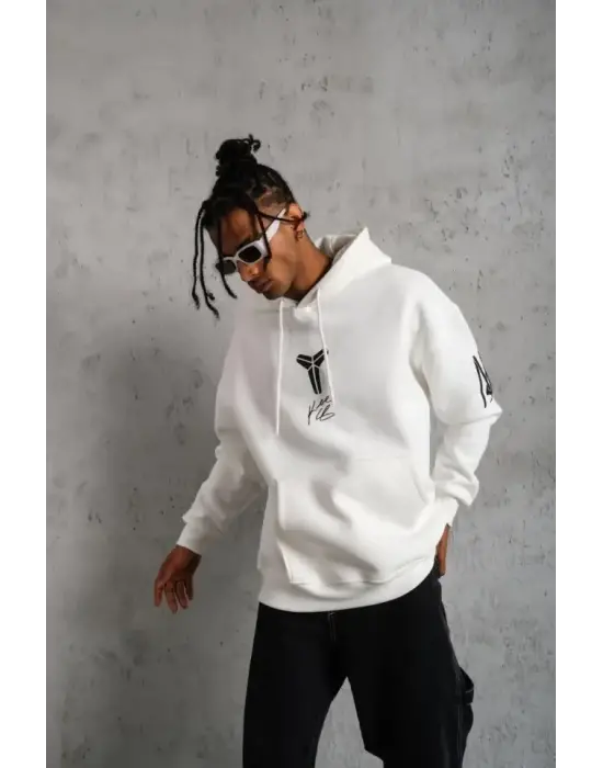 Erkek Baskılı Kapüşonlu Sweat - Beyaz