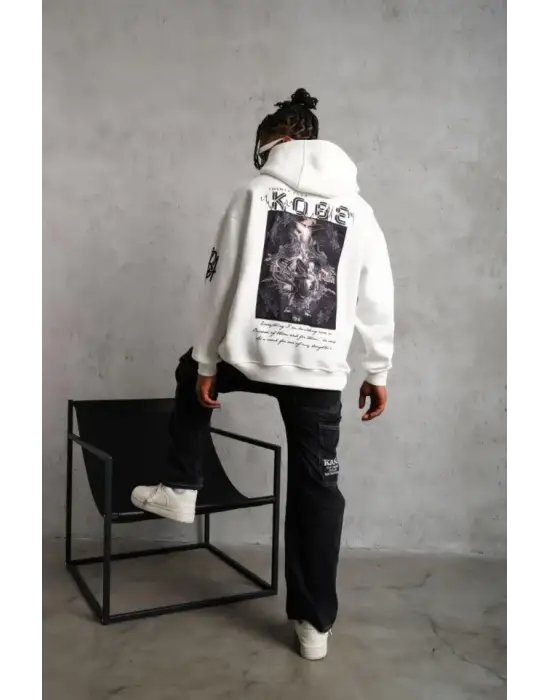 Erkek Baskılı Kapüşonlu Sweat - Beyaz