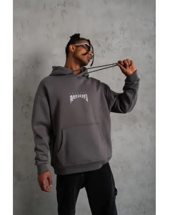 Erkek Baskılı Kapüşonlu Ve Kanguru Cepli Sweat- Gri