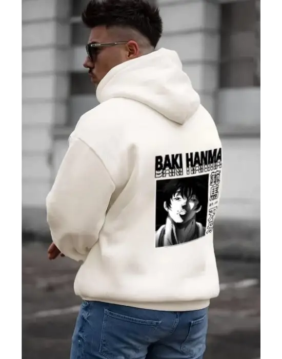 Erkek Baskılı Kapüşonlu Ve Kordon İpli Sweat - Beyaz