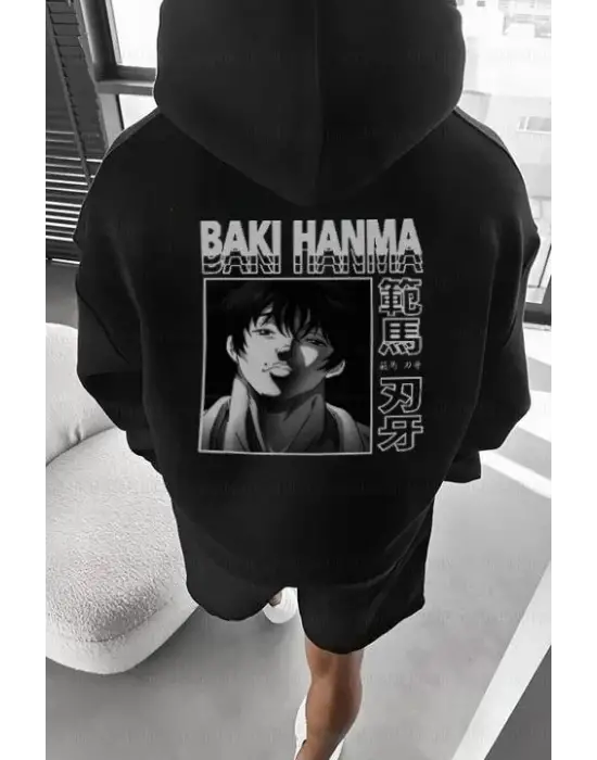 Erkek Baskılı Kapüşonlu Ve Kordon İpli Sweat - Siyah