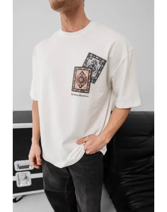 Erkek Baskılı Oversize T-shirt - Beyaz