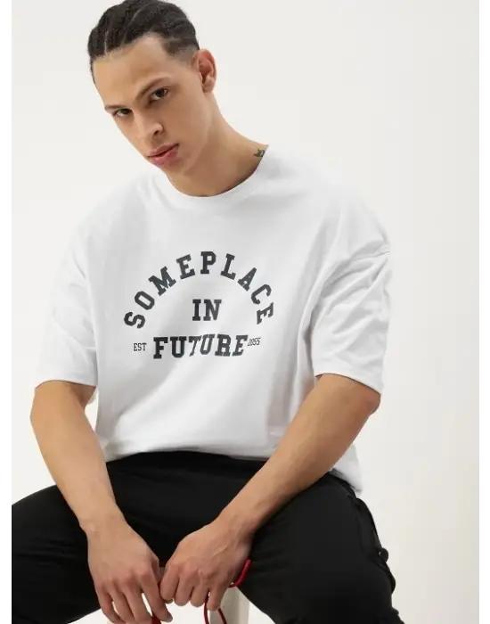 Erkek Baskılı Oversize T-shirt - Beyaz