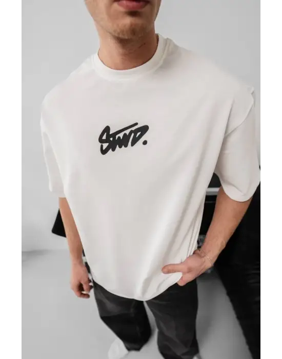 Erkek Baskılı Oversize T-shirt - Beyaz