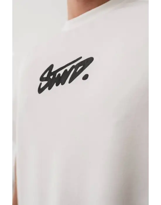 Erkek Baskılı Oversize T-shirt - Beyaz