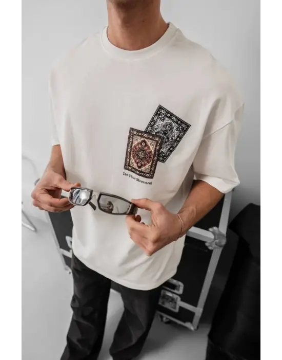 Erkek Baskılı Oversize T-shirt - Beyaz
