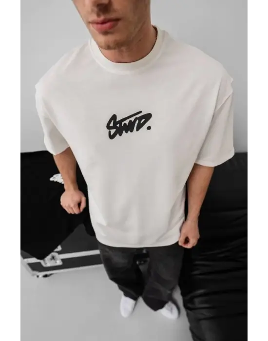 Erkek Baskılı Oversize T-shirt - Beyaz