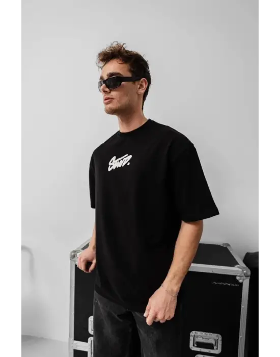 Erkek Baskılı Oversize T-shirt - Siyah