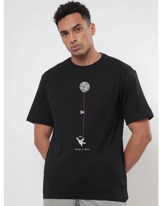 Erkek Baskılı Oversize T-shirt - Siyah