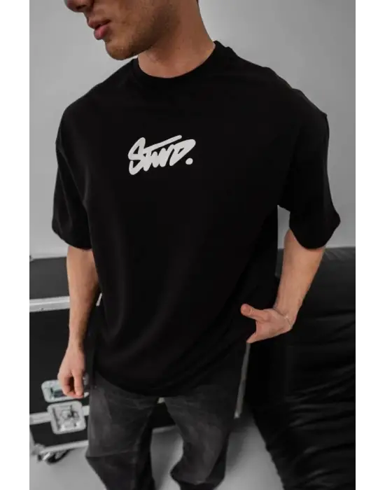 Erkek Baskılı Oversize T-shirt - Siyah