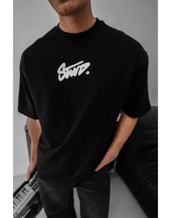 Erkek Baskılı Oversize T-shirt - Siyah