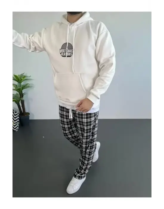Erkek Baskılı Üç İplik Kapüşonlu Oversize Sweatshirt - Beyaz