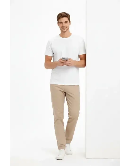 Erkek Bisiklet Yaka Tişört Regular Kalıp Basic Pamuklu Günlük Kullanım T-shirt - Beyaz