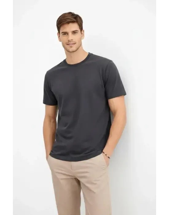 Erkek Bisiklet Yaka Tişört Regular Kalıp Basic Pamuklu Günlük Kullanım T-shirt - Füme