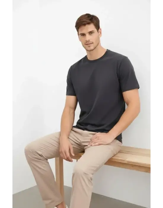 Erkek Bisiklet Yaka Tişört Regular Kalıp Basic Pamuklu Günlük Kullanım T-shirt - Füme