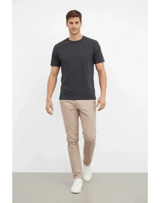 Erkek Bisiklet Yaka Tişört Regular Kalıp Basic Pamuklu Günlük Kullanım T-shirt - Füme