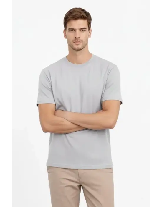Erkek Bisiklet Yaka Tişört Regular Kalıp Basic Pamuklu Günlük Kullanım T-shirt - Gri