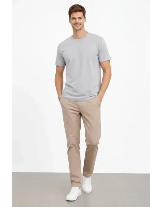 Erkek Bisiklet Yaka Tişört Regular Kalıp Basic Pamuklu Günlük Kullanım T-shirt - Gri