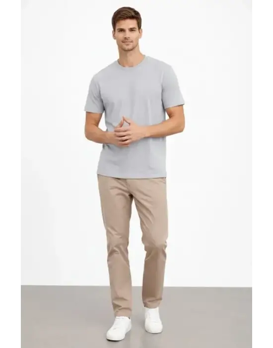 Erkek Bisiklet Yaka Tişört Regular Kalıp Basic Pamuklu Günlük Kullanım T-shirt - Gri