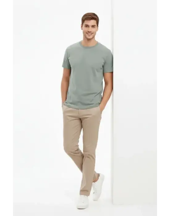 Erkek Bisiklet Yaka Tişört Regular Kalıp Basic Pamuklu Günlük Kullanım T-shirt - Mint Yeşili