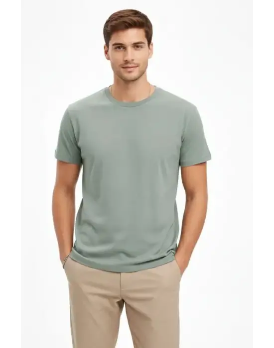 Erkek Bisiklet Yaka Tişört Regular Kalıp Basic Pamuklu Günlük Kullanım T-shirt - Mint Yeşili