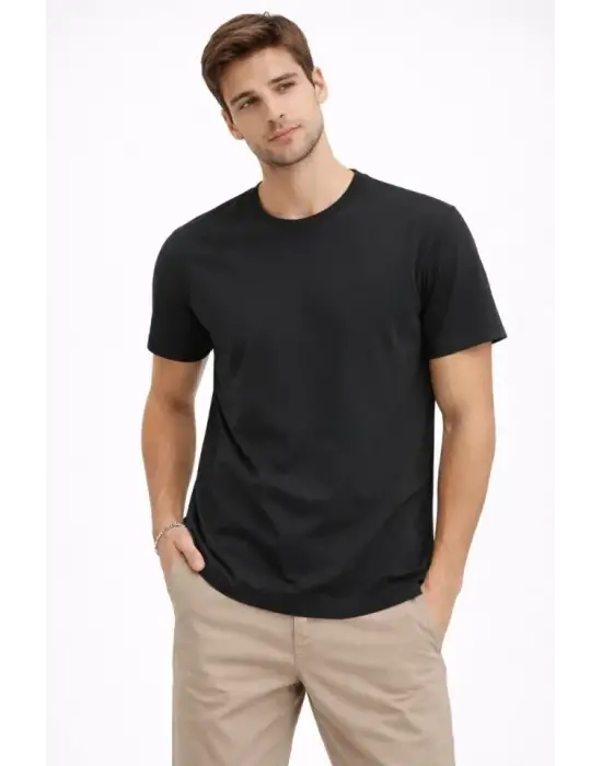 Erkek Bisiklet Yaka Tişört Regular Kalıp Basic Pamuklu Günlük Kullanım T-shirt - Siyah
