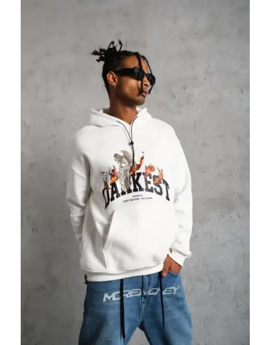 Erkek DANKES Baskılı Kapüşonlu Sweat - Beyaz