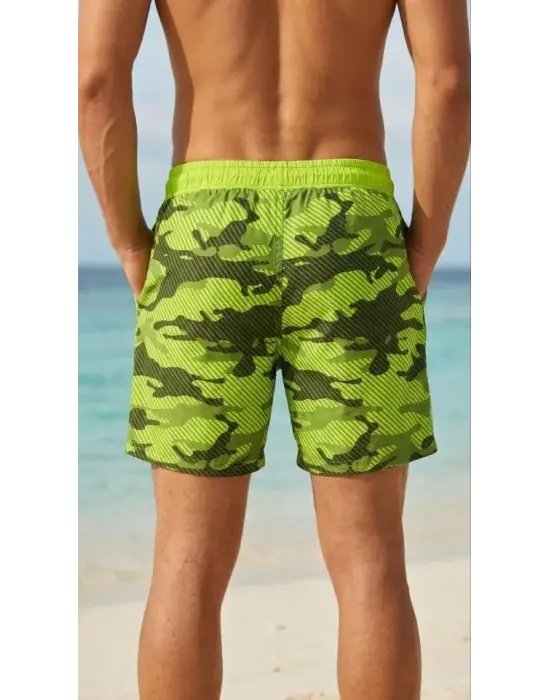 Erkek Deniz Şortu Fermuarlı Cepli File Astarlı Hızlı Kuruyan Premium - Neon Yeşili