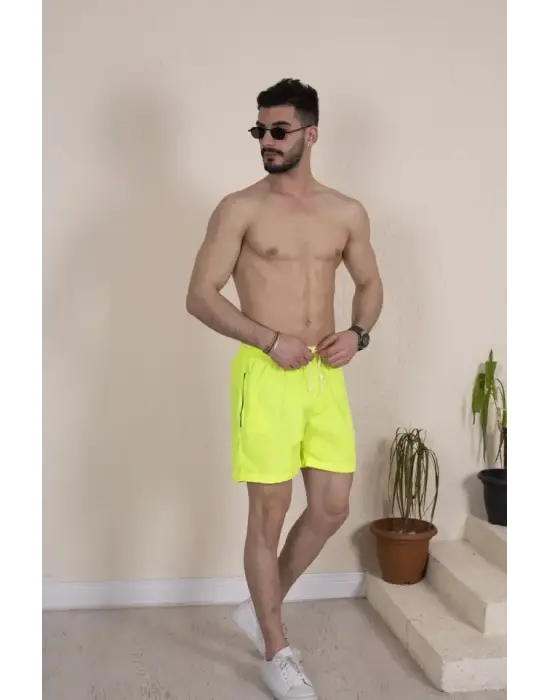 Erkek Deniz Şortu Fermuarlı Cepli File Astarlı - Neon Yeşili