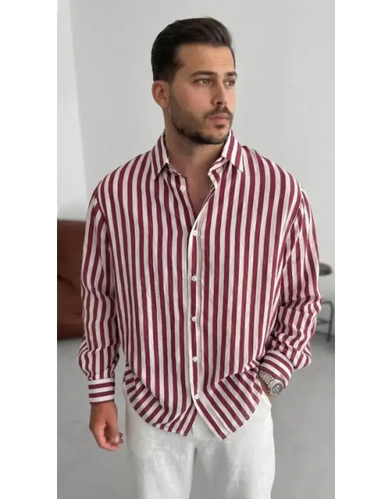 Erkek Dikey Çizgili Yarım Oversize Gömlek