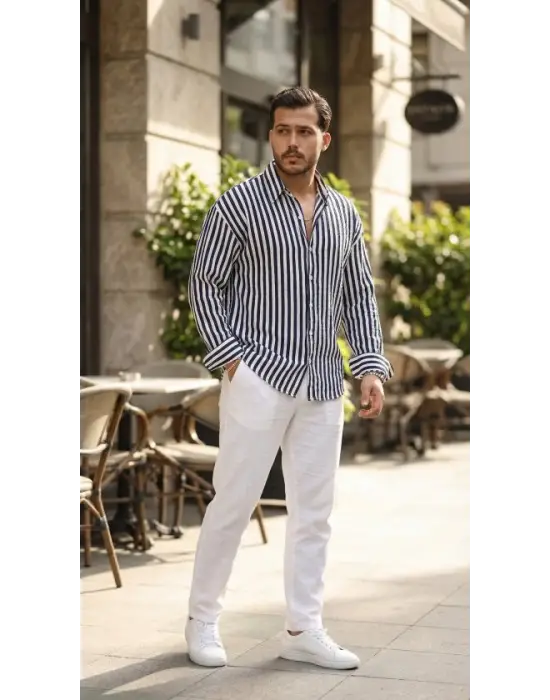 Erkek Dikey Çizgili Yarım Oversize Gömlek