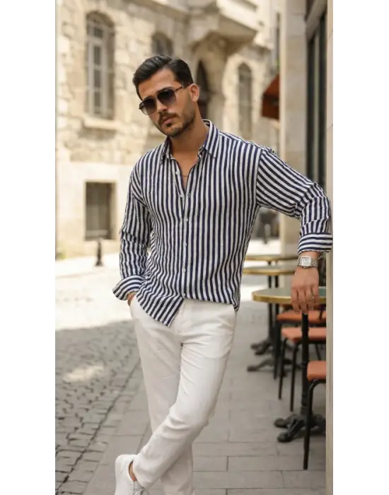 Erkek Dikey Çizgili Yarım Oversize Gömlek