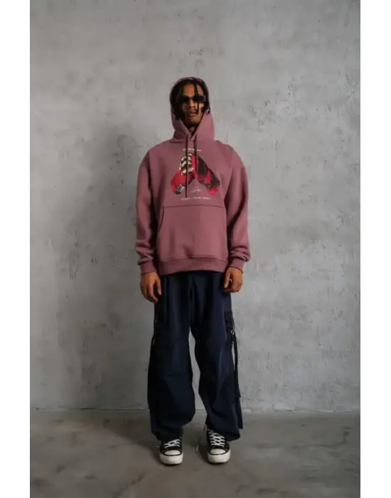 Erkek Eldiven Baskılı Kapüşonlu Sweat - Gül Kurusu