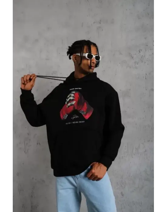 Erkek Eldiven Baskılı Kapüşonlu Sweat - Siyah