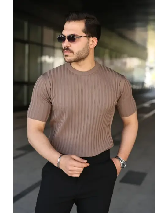 Erkek Fitilli Bisiklet Yaka Kısa Kollu Tişört